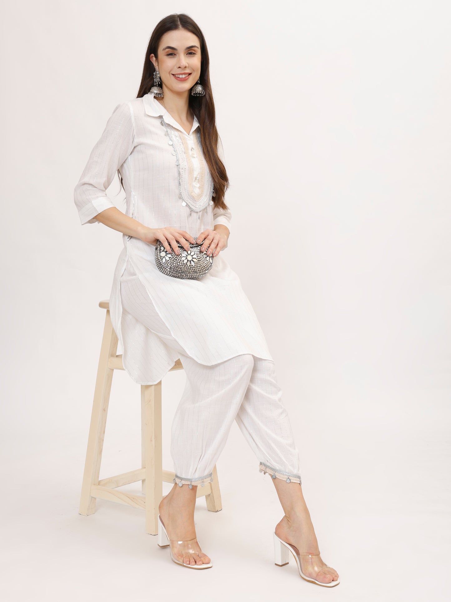 White Lurex Cotton Co-ord set with Coin Lace and Afghani Salwar, 2pc