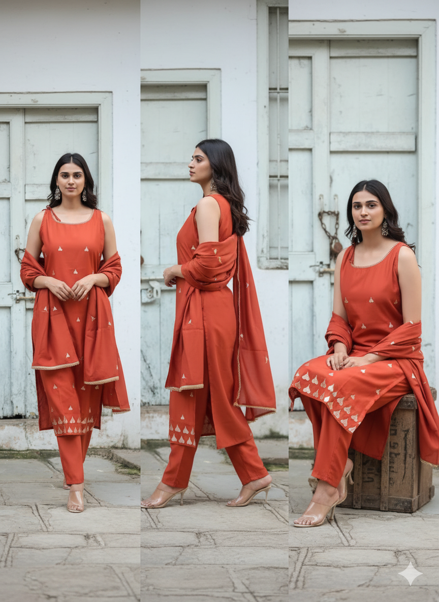 Sleeveless Embroidered Cotton Suit with Trending Heart Design