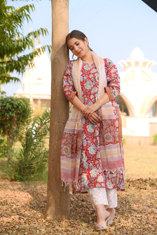 Red Viscose printed suit set with dupatta and pant, 3pc, TK197