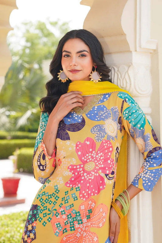 Yellow Floral Printed Cotton Blend Kurta Pant with Dupatta, 3pc set