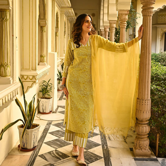 Mustard printed Viscose suit set with dupatta, 3pc, TK169