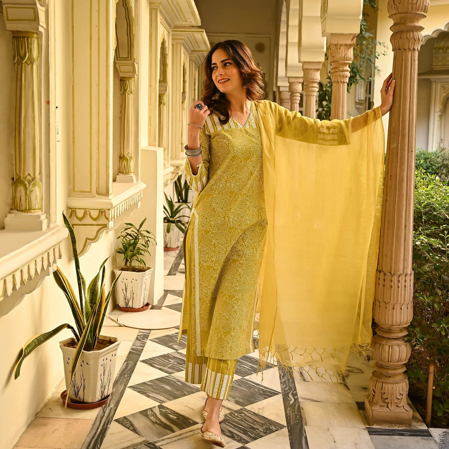 Mustard printed Viscose suit set with dupatta, 3pc