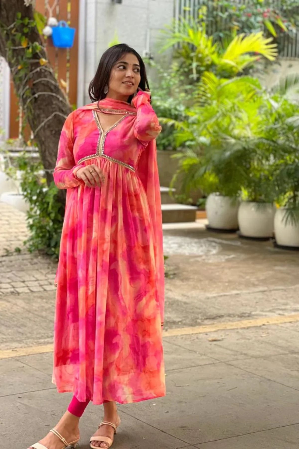 Pink viscose Printed Gown suit se with dupatta, 3pc