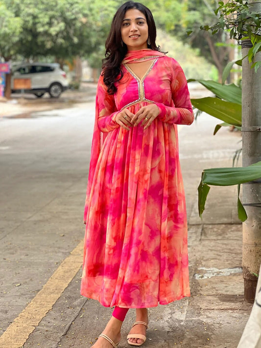 Pink viscose Printed Gown suit se with dupatta, 3pc