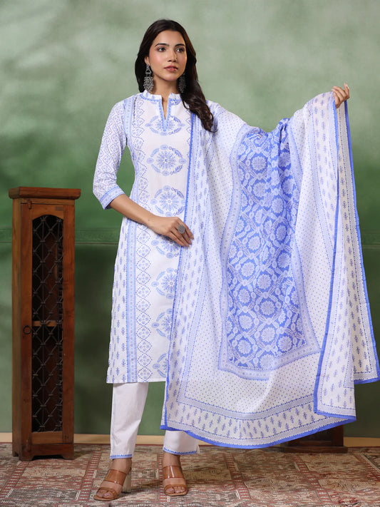 White& Blue Printed Viscose Suit set with dupatta, 3pc