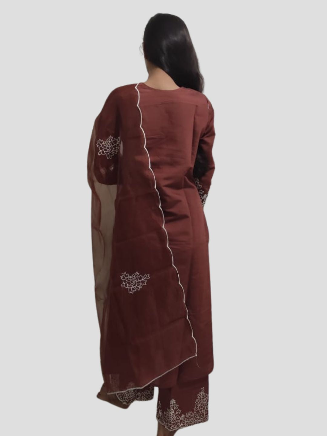 Designer Brown emoridered Viscose Suit set with dupatta, 3pc