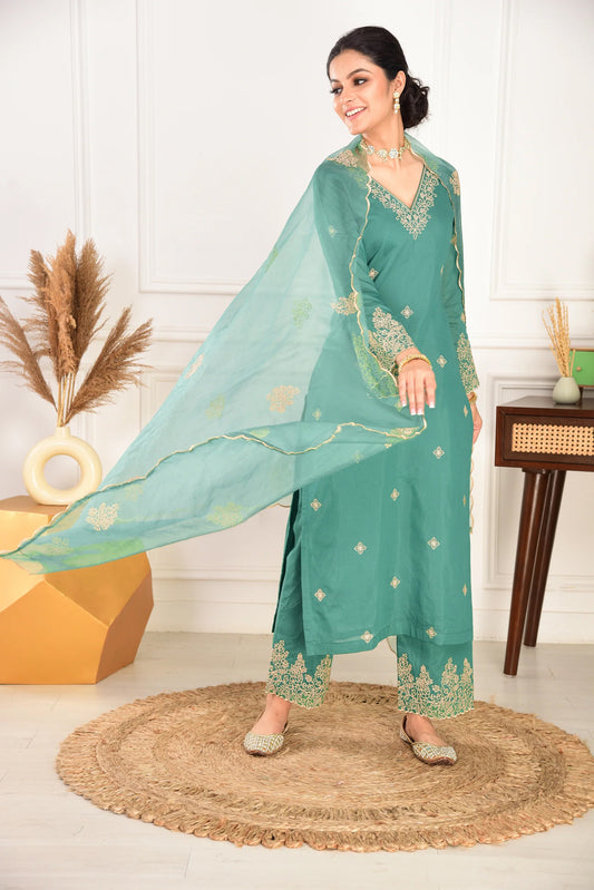 Pine Green embroidered viscose silk suit set with dupatta, 3pc