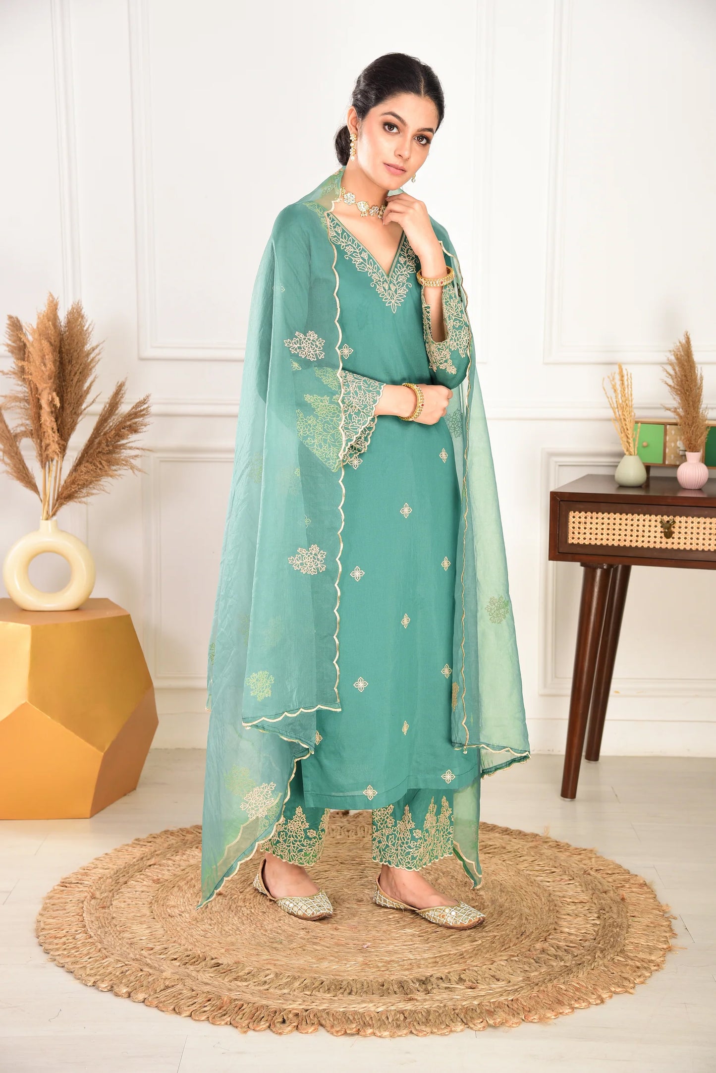 Pine Green embroidered viscose silk suit set with dupatta, 3pc