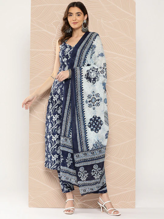 Navy Blue Sleeveless Cotton Printed Suit Set with dupatta, 3pc