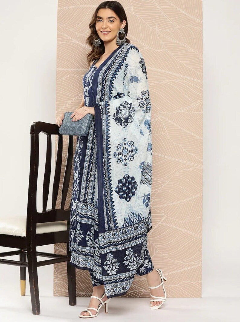 Navy Blue Sleeveless Cotton Printed Suit Set with dupatta, 3pc