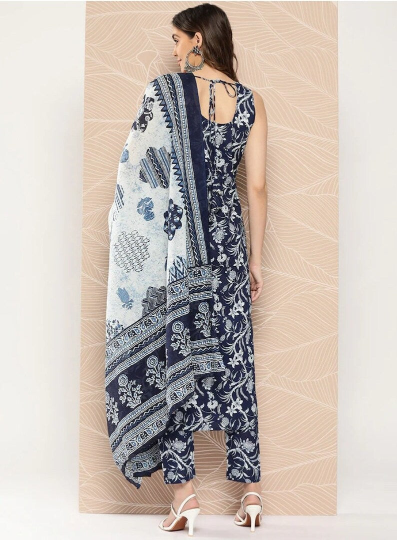 Navy Blue Sleeveless Cotton Printed Suit Set with dupatta, 3pc