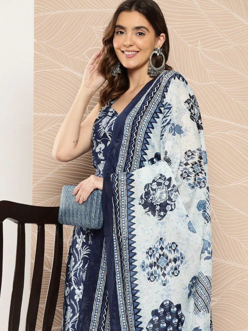 Navy Blue Sleeveless Cotton Printed Suit Set with dupatta, 3pc