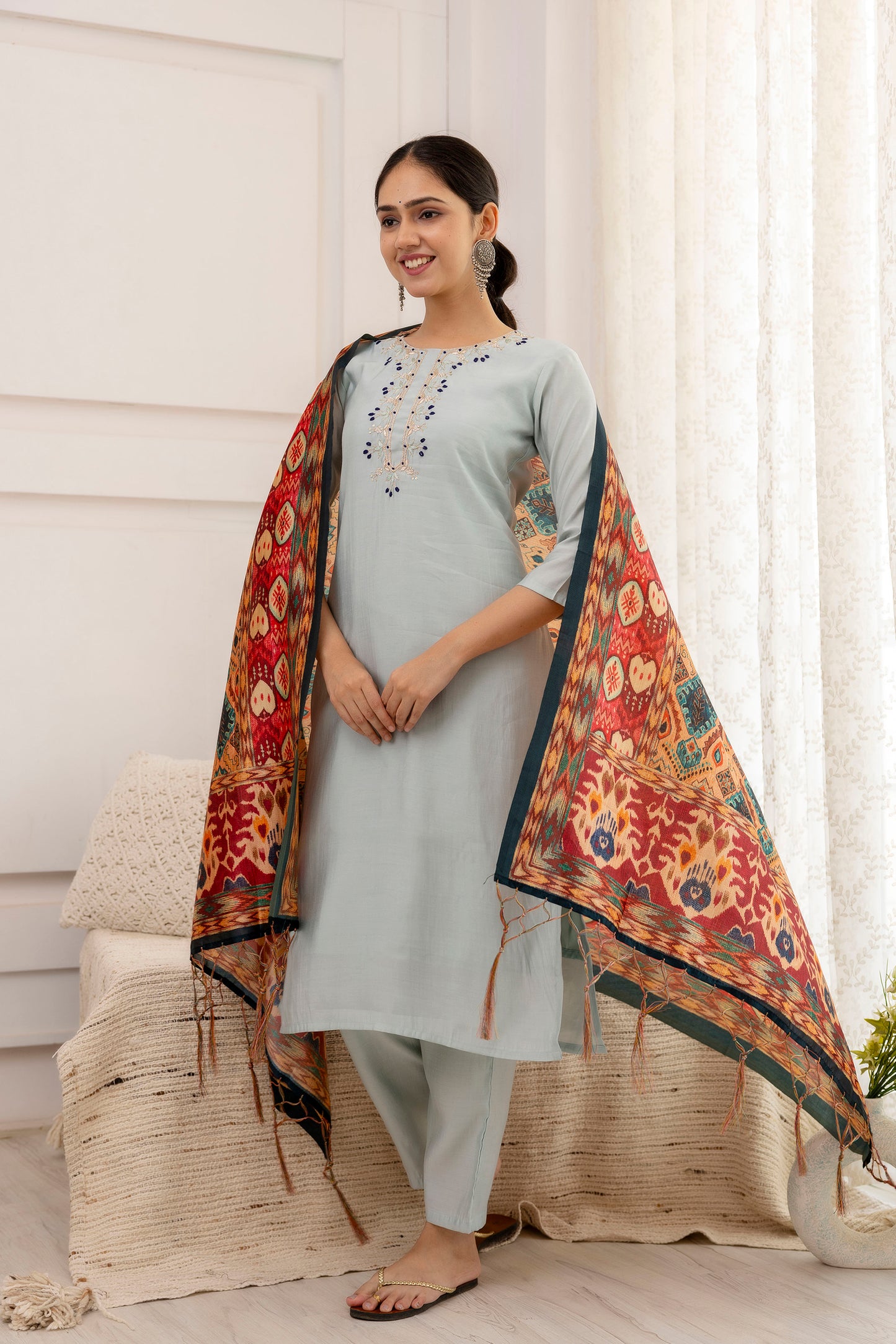 Grey Embroidered Suit Set with multicolor dupatta, 3pc