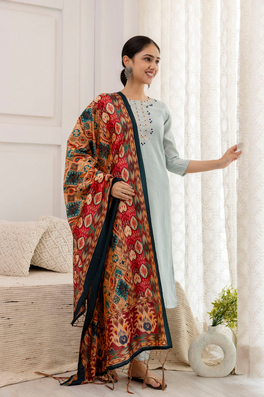 Grey Embroidered Suit Set with multicolor dupatta, 3pc