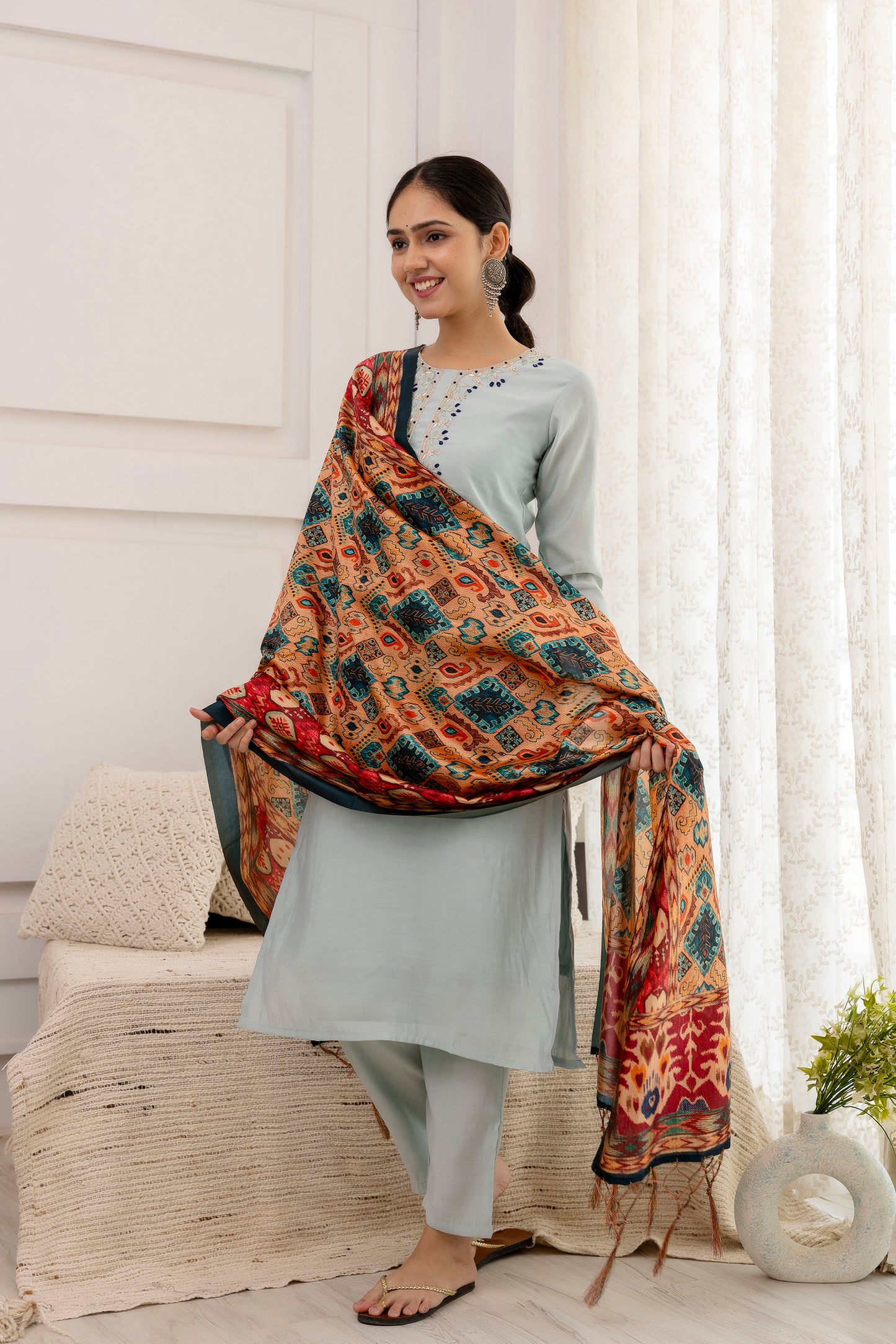 Grey Embroidered Suit Set with multicolor dupatta, 3pc