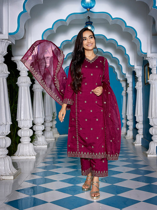 Shiny Viscose embroidered suit set with dupatta, 3pc, TK185-186