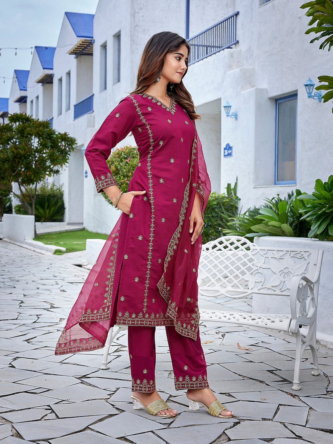 Shiny Viscose embroidered suit set with dupatta, 3pc