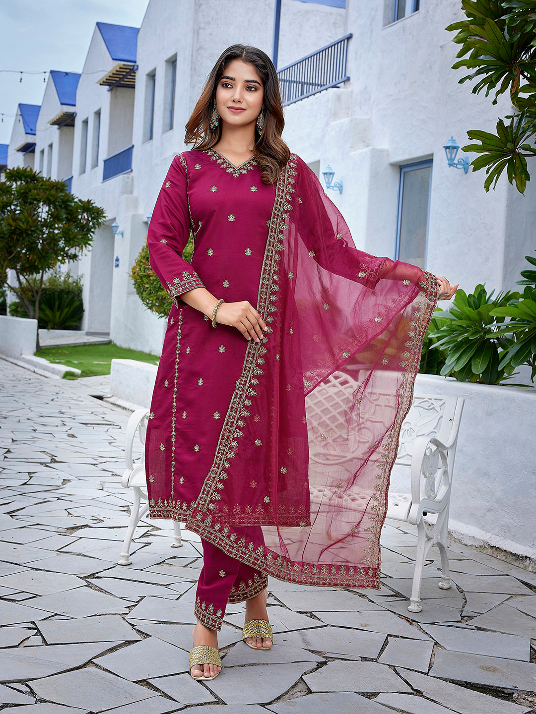 Shiny Viscose embroidered suit set with dupatta, 3pc