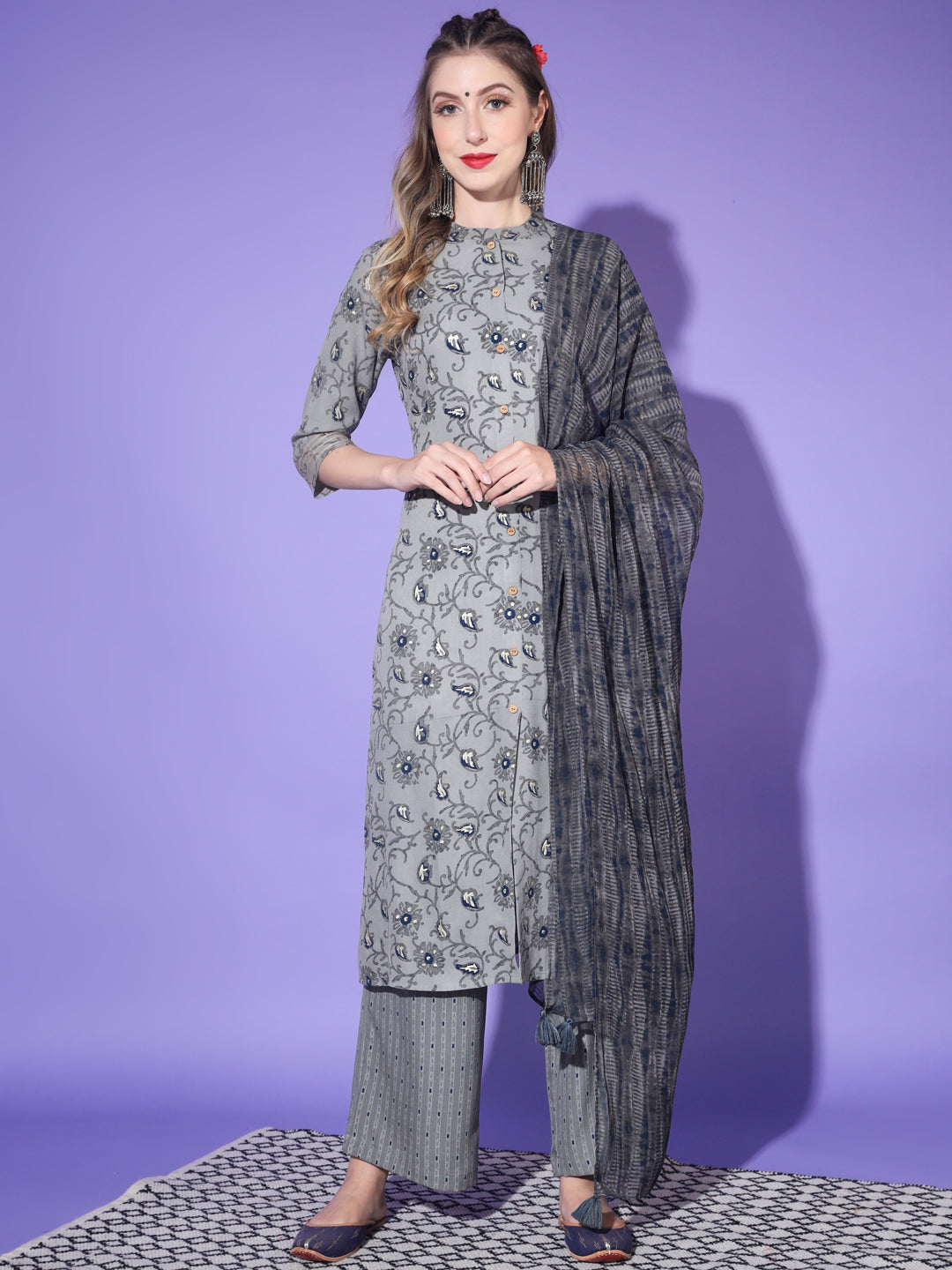 Women's  Rayon Blend Printed Kurta with Pants & Dupatta- 3pc set, TK011