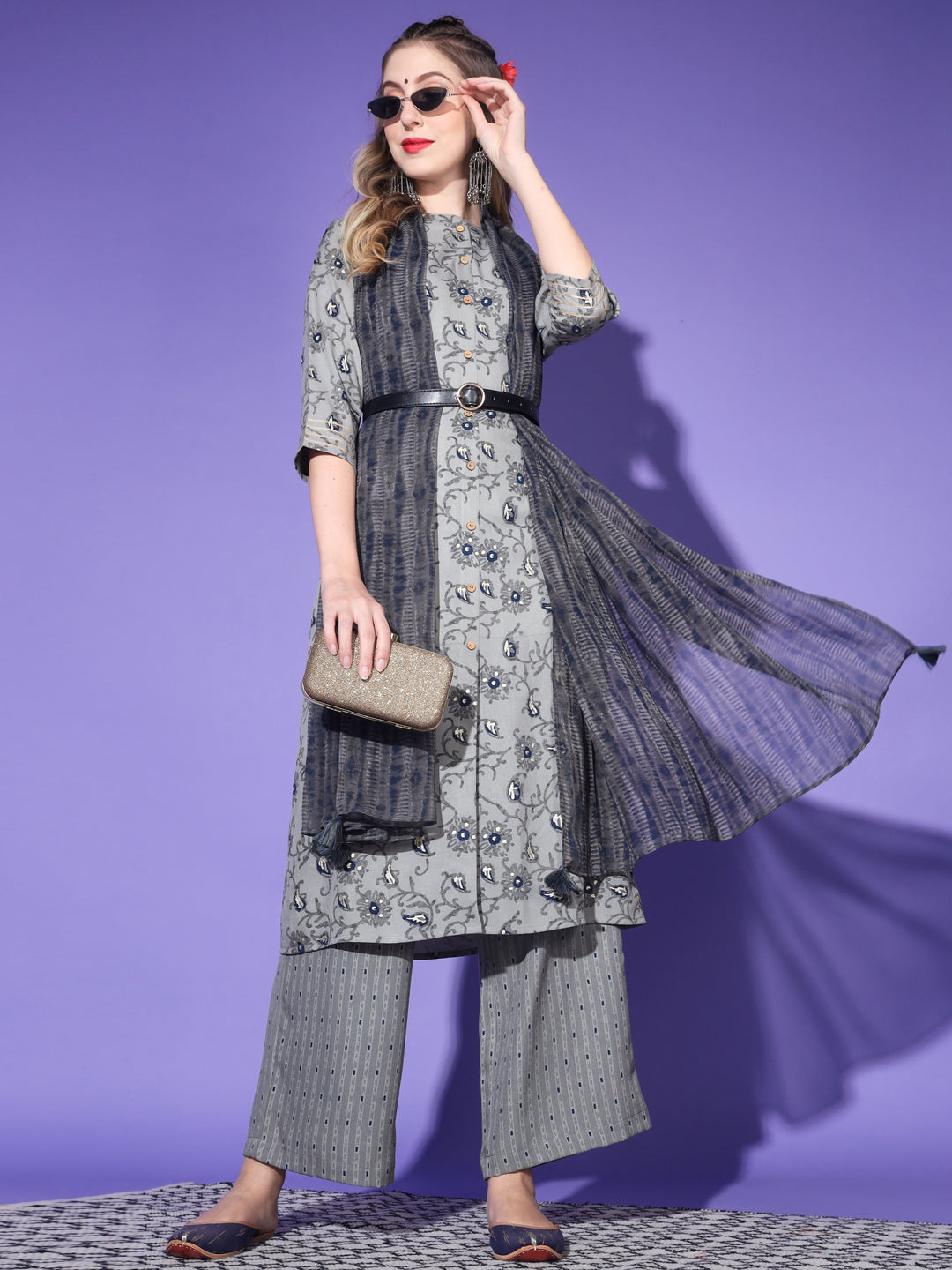 Women's  Rayon Blend Printed Kurta with Pants & Dupatta- 3pc set, TK011