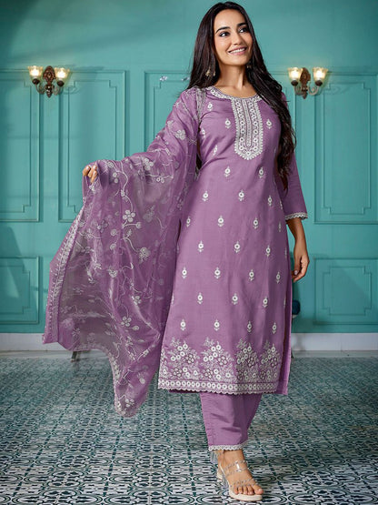 Purple Chanderi Ethnic Motifs Embroidered Straight Kurta Pant with Dupatta, 3pc, TK203