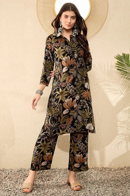 Black Rayon Blend Floral Printed Co-ord Set