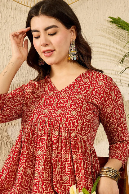 Red Viscose Rayon Ethnic Motifs Printed Regular Kurti Tunics
