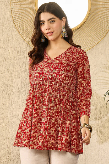Red Viscose Rayon Ethnic Motifs Printed Regular Kurti Tunics
