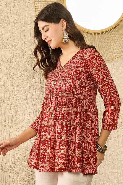 Red Viscose Rayon Ethnic Motifs Printed Regular Kurti Tunics