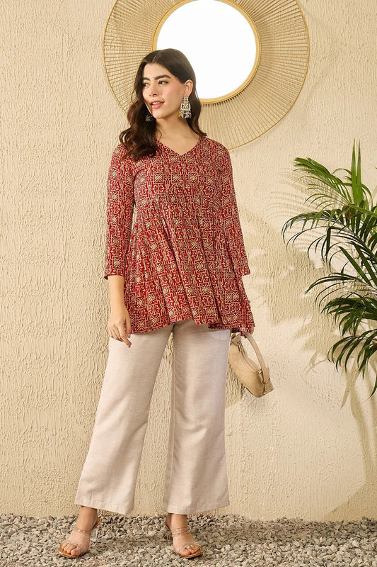 Red Viscose Rayon Ethnic Motifs Printed Regular Kurti Tunics