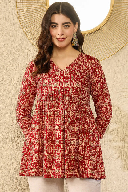 Red Viscose Rayon Ethnic Motifs Printed Regular Kurti Tunics