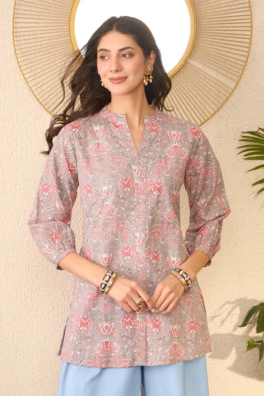 Grey Cotton Blend Floral Printed Regular Top