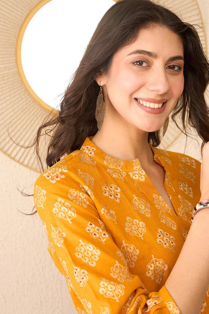 Yellow Cotton Blend Floral Printed Regular Top
