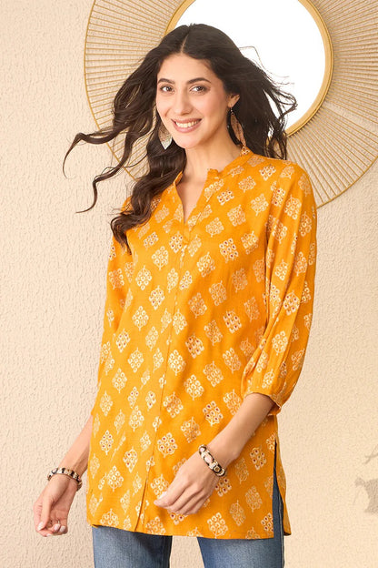 Yellow Cotton Blend Floral Printed Regular Top