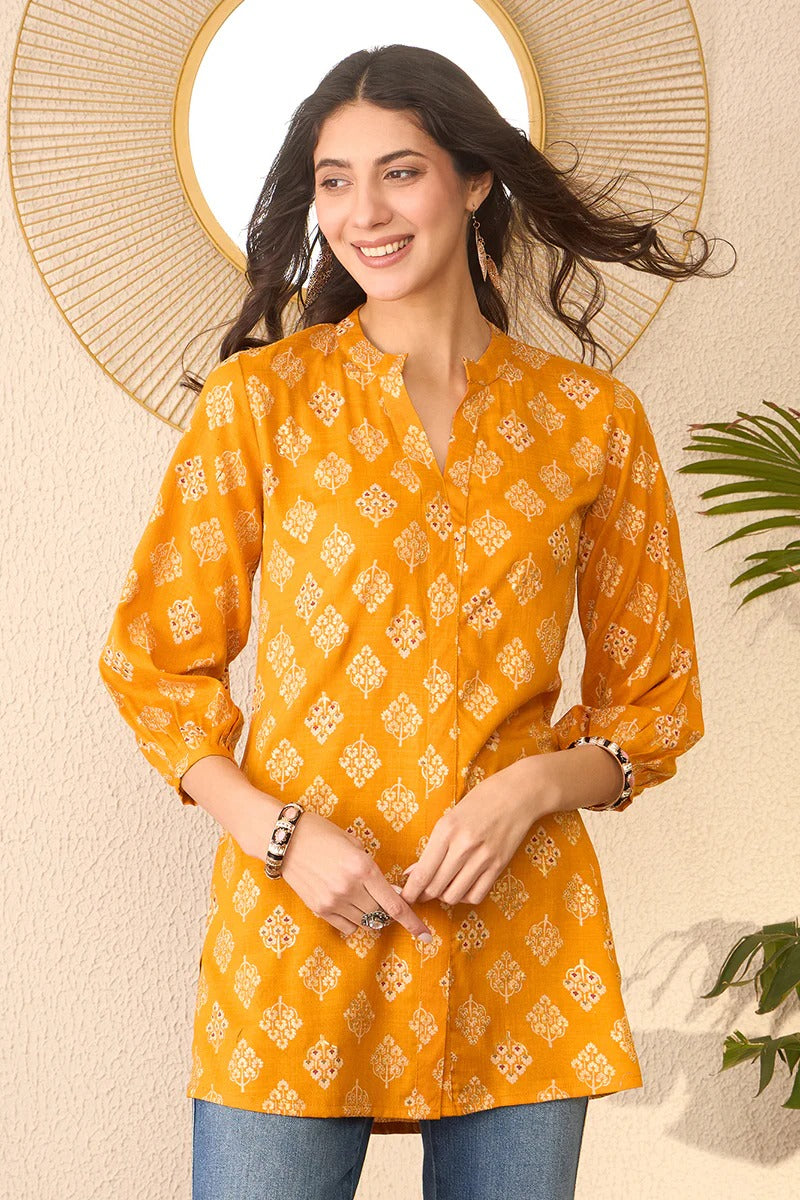 Yellow Cotton Blend Floral Printed Regular Top