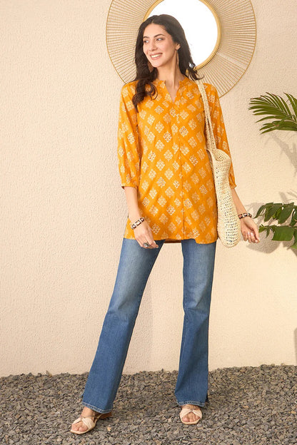Yellow Cotton Blend Floral Printed Regular Top