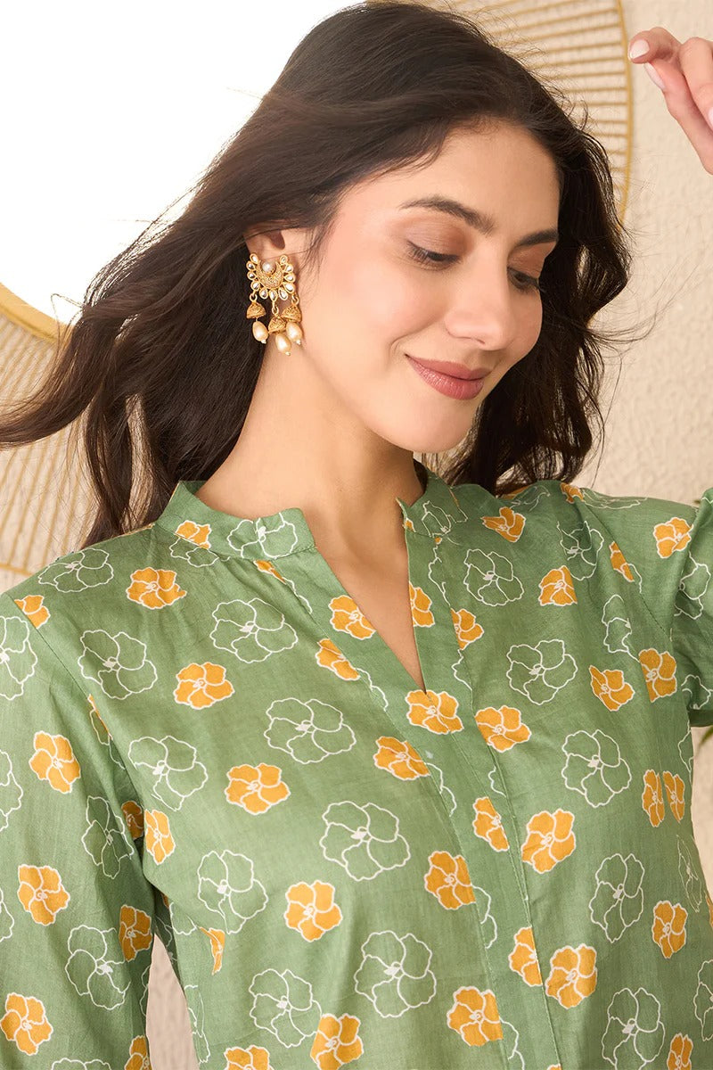 Green Cotton Blend Floral Printed Regular Top
