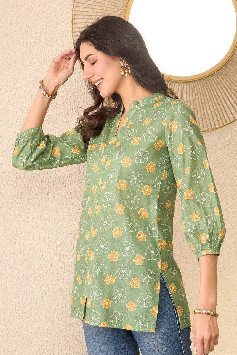 Green Cotton Blend Floral Printed Regular Top