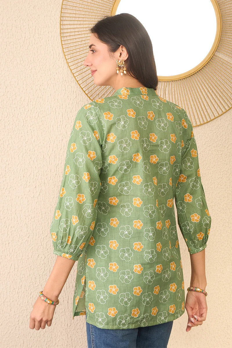 Green Cotton Blend Floral Printed Regular Top