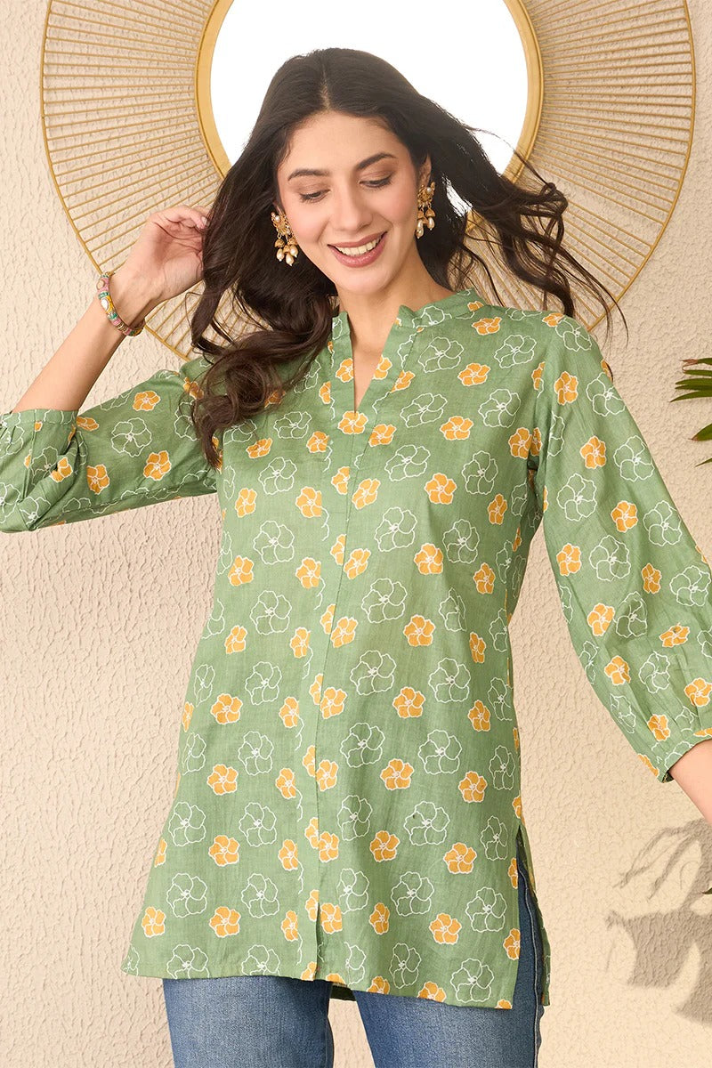 Green Cotton Blend Floral Printed Regular Top