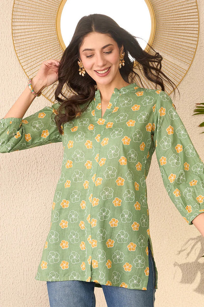 Green Cotton Blend Floral Printed Regular Top