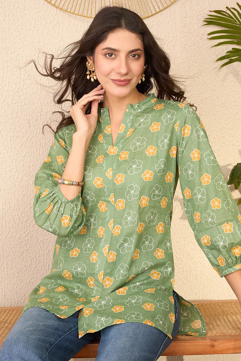 Green Cotton Blend Floral Printed Regular Top
