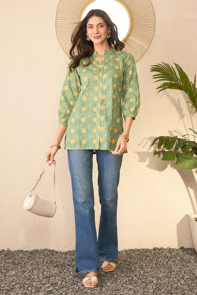 Green Cotton Blend Floral Printed Regular Top