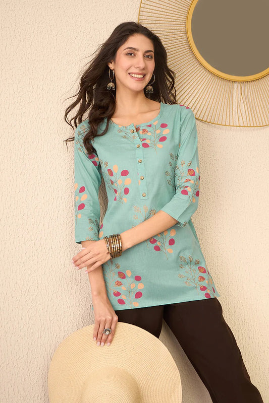 Mint Cotton Blend Floral Printed Regular Top