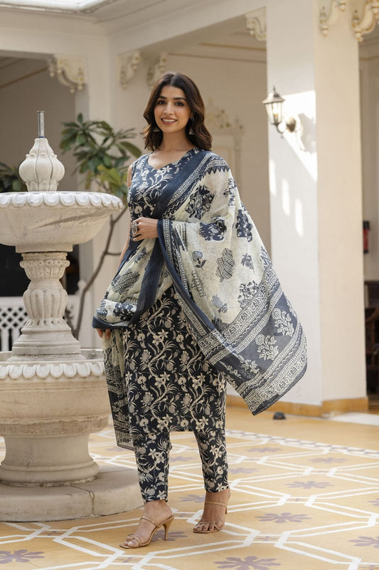 Navy Blue Sleeveless Cotton Printed Suit Set with dupatta, 3pc, TK194