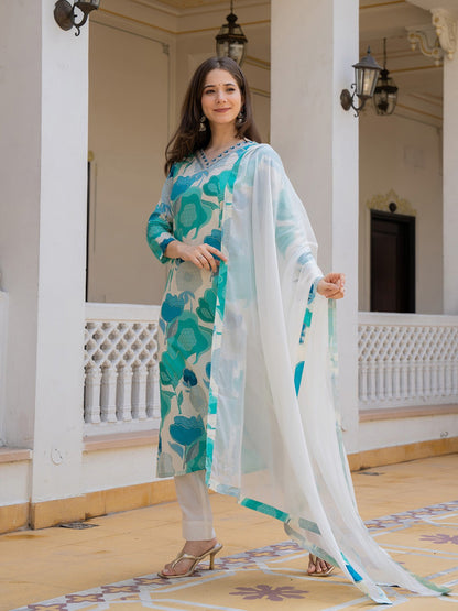 Blue & White Printed Rayon Kurta Pant with Dupatta, 3pc set