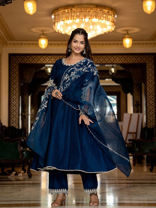 Designer Silk Blend Solid Embroidered Anarkali Suit Set