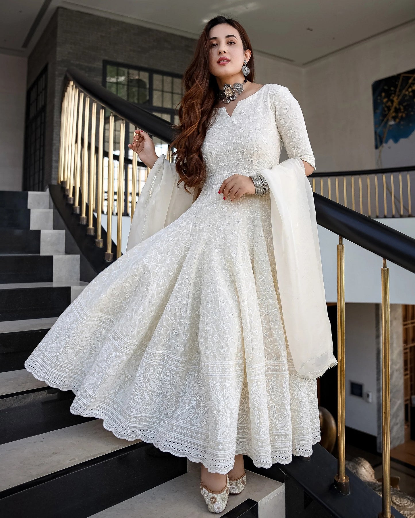 Elegant White Chikankari Gown suit set with dupatta, 2 pc (pant not included)