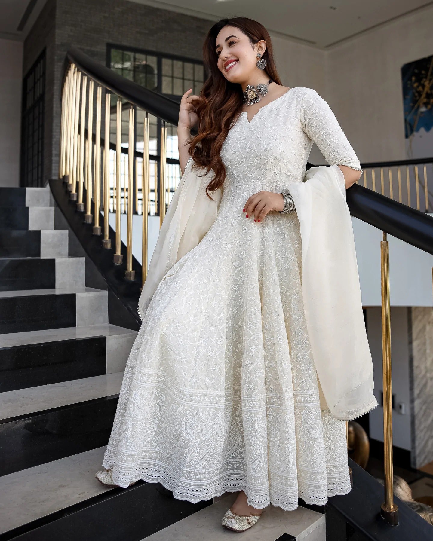 Elegant White Chikankari Gown suit set with dupatta, 2 pc (pant not included)