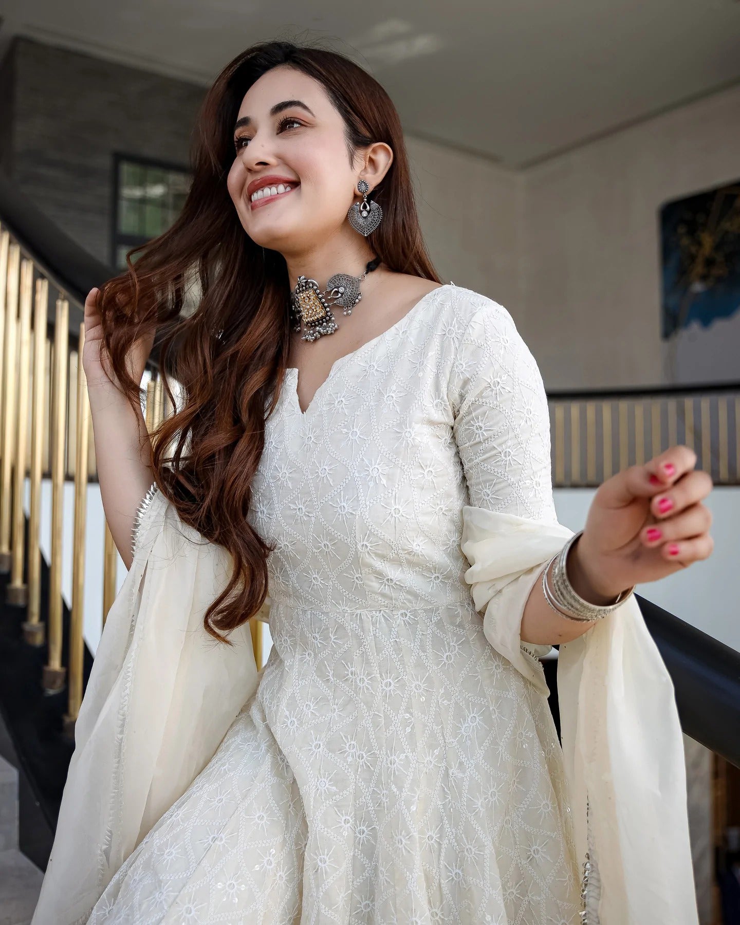 Elegant White Chikankari Gown suit set with dupatta, 2 pc (pant not included)